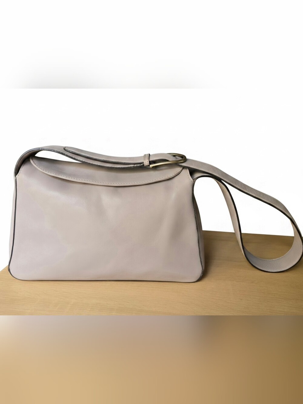 The Sak Genuine Leather Minimalist Curved Flap Shoulder Bag - Light Gray/Taupe